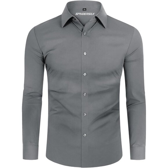 Men Silver Long Sleeve Slim Muscle Fit Wrinkle Free Button Down Dress Shirts - Picture 8 of 9